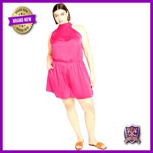 Plus Size Jumpsuit with Pockets, High Neck, Elastic Waist, Summer Playsuit